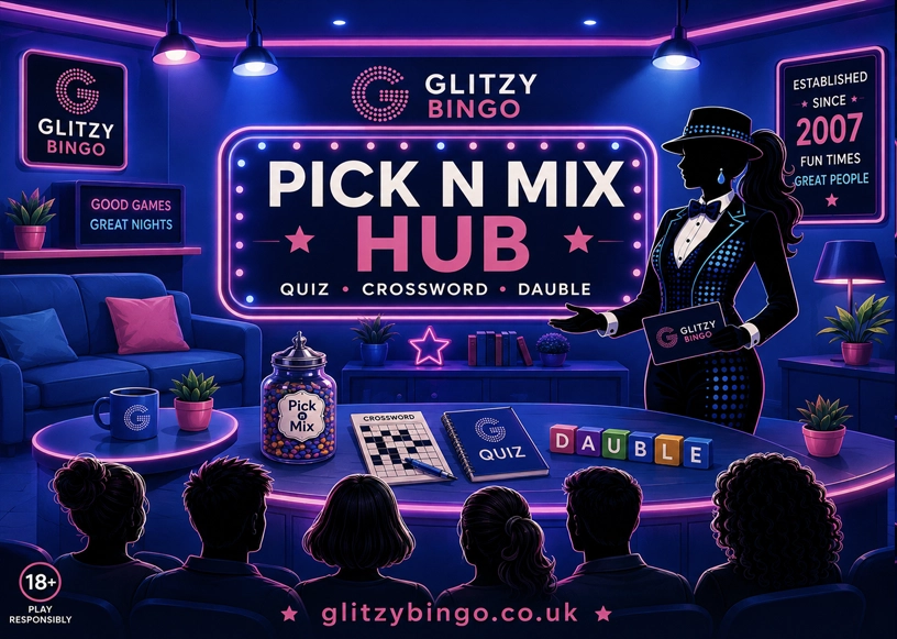 Glitzy Bingo Pick 'N' Mix Hub — Quiz, Crossword & Dauble, free bingo games