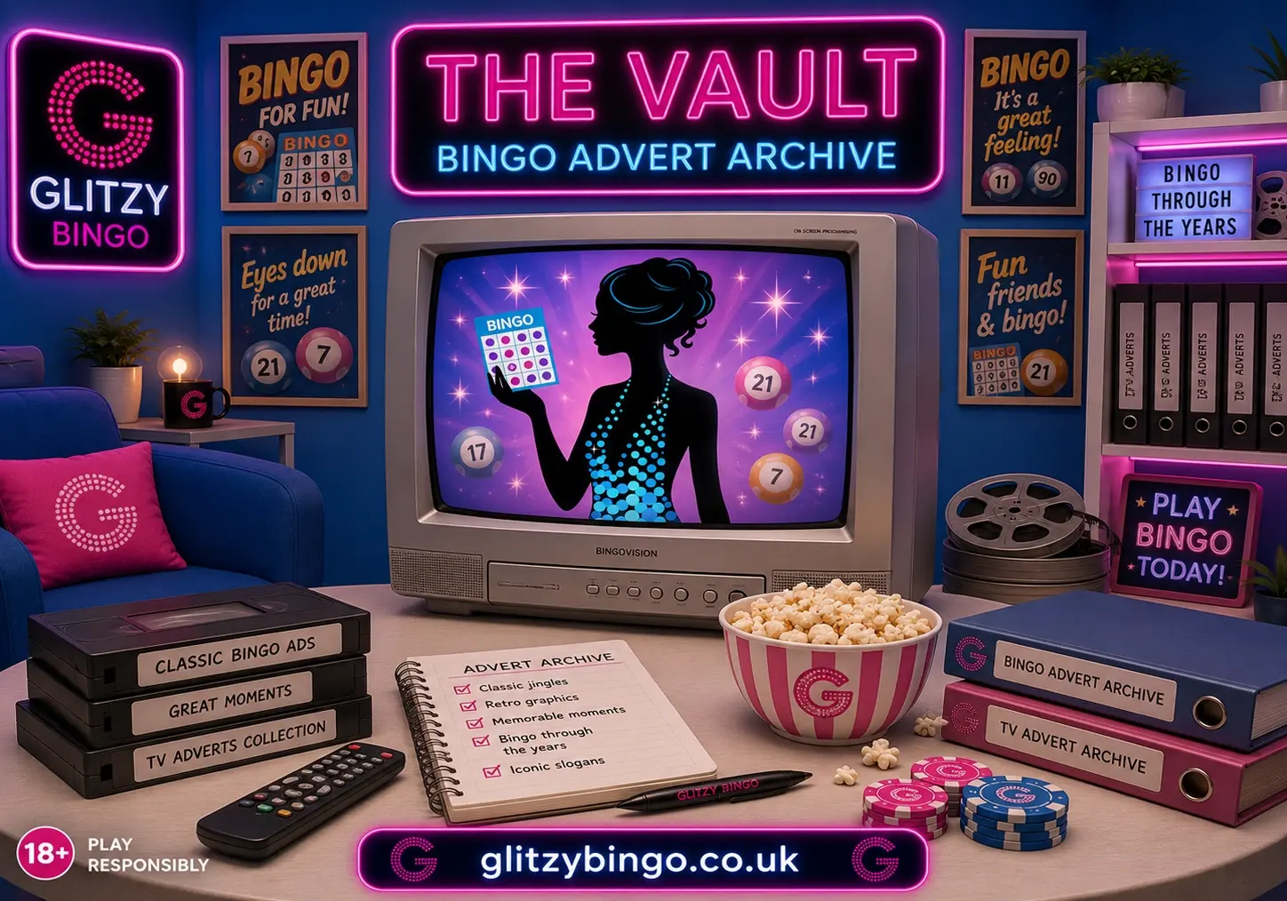 The Vault — a neon retro archive room of classic British bingo TV adverts